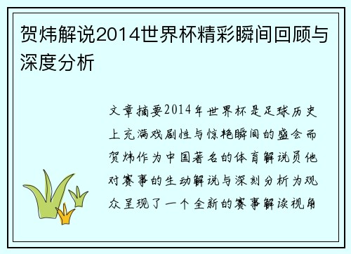 贺炜解说2014世界杯精彩瞬间回顾与深度分析