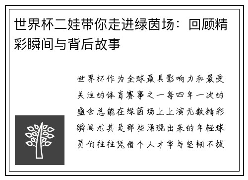 世界杯二娃带你走进绿茵场：回顾精彩瞬间与背后故事