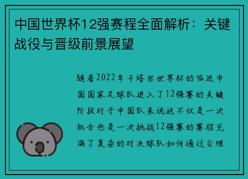 中国世界杯12强赛程全面解析：关键战役与晋级前景展望