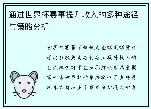 通过世界杯赛事提升收入的多种途径与策略分析